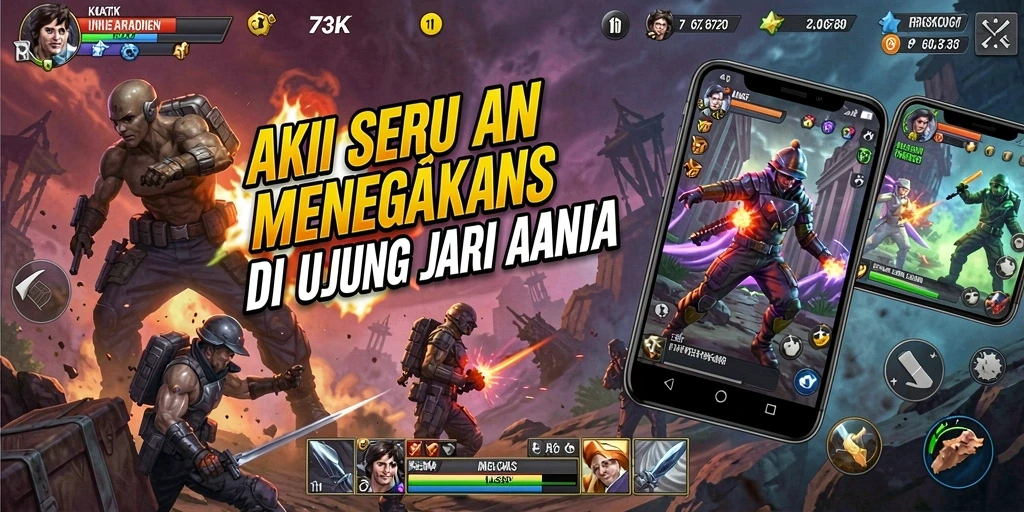 Screenshot utama 73K menunjukkan aksi seru dengan pertarungan intens.
