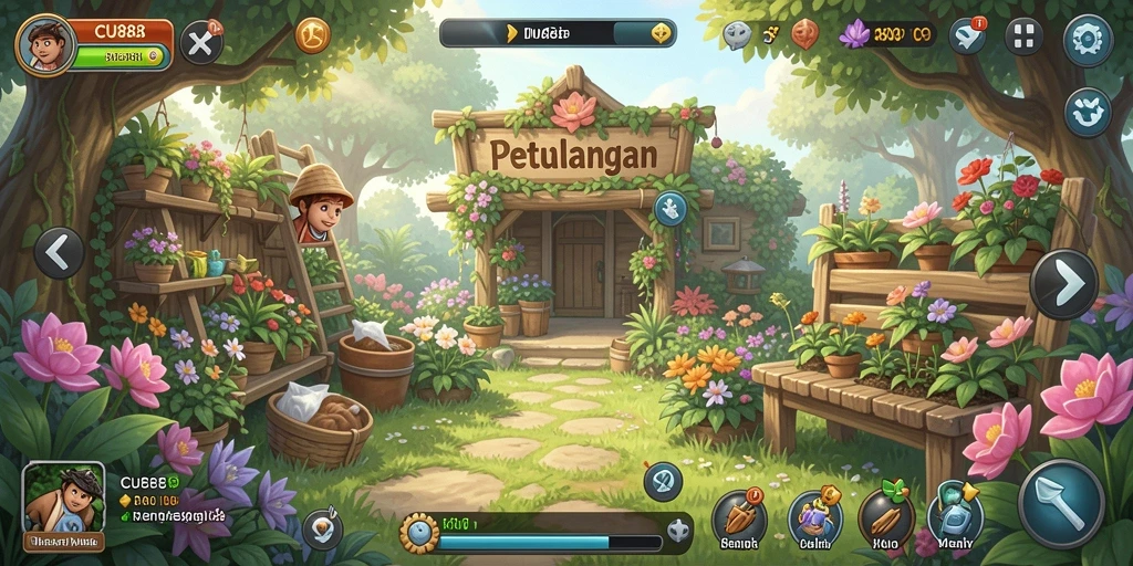Screenshot menunjukkan pemain merawat tanaman di kebun virtual.