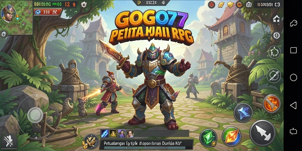 Screenshot gameplay GOGO77 menampilkan pertarungan epik karakter RPG.