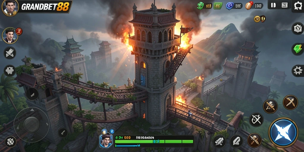 Tangkapan layar gameplay menegangkan dari GRANDBET88 Tower Defense.
