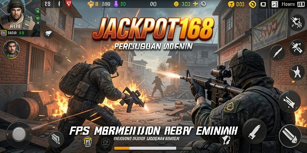 Tangkapan layar utama JACKPOT168 menampilkan pertempuran yang mendebarkan di arena FPS.